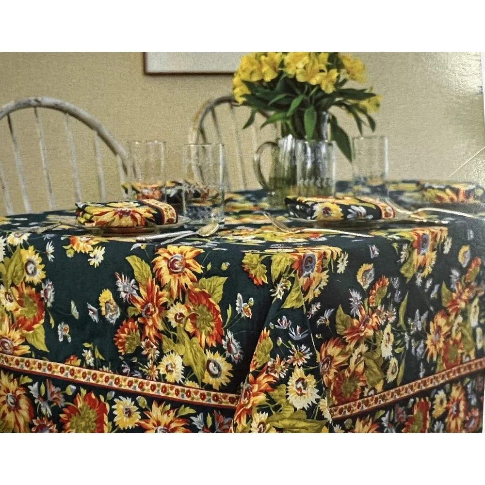 APRIL CORNELL - MARGUERITE - TEAL GOLD ORANGE FLORAL - 60 x 84 TABLECLOTH NEW